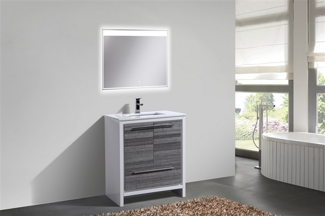 AD630-HG 30'' KubeBath Dolce Ash Gray Modern Bathroom Vanity with White Quartz Counter-Top