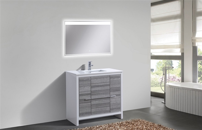 AD636-HG 36'' KubeBath Dolce Gloss Ash Gray Modern Bathroom Vanity with White Quartz Counter-Top