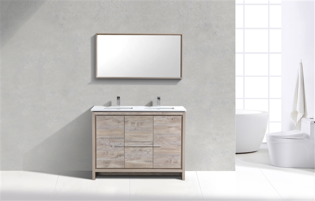 AD648D-NW 48'' KubeBath Dolce Nature Wood Modern Bathroom Vanity with White Quartz Counter-Top - Double Sink