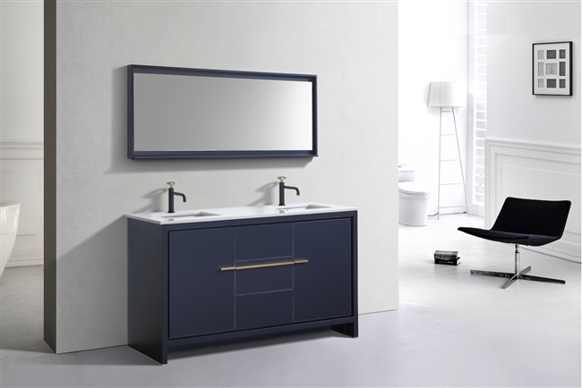 AD660D-BLUE 60'' KubeBath Dolce Blue Modern Bathroom Vanity with White Quartz Counter-Top - Double Sink