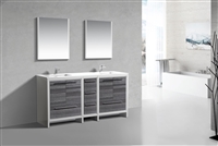 AD672-HG 72'' KubeBath Dolce Double Sink Gloss Ash Grey Modern Bathroom Vanity with White Quartz Counter-Top