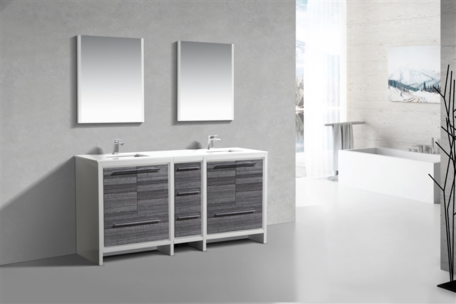 AD672-HG 72'' KubeBath Dolce Double Sink Gloss Ash Grey Modern Bathroom Vanity with White Quartz Counter-Top