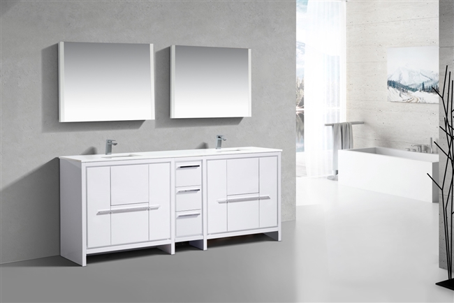 AD684-GW 83'' KubeBath Dolce Double Sink High Gloss White Modern Bathroom Vanity with White Quartz Counter-Top