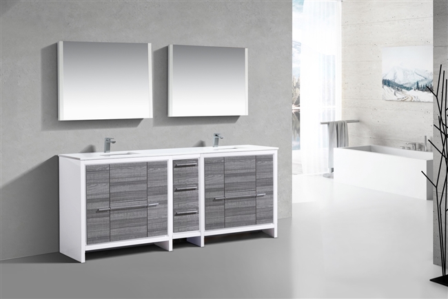 AD684-HG 83'' KubeBath Dolce Double Sink High Gloss Ash Grey Modern Bathroom Vanity with White Quartz Counter-Top