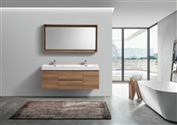BSL60D-HO Bliss 60" Honey Oak  Wood Wall Mount  Double Sink Modern Bathroom Vanity