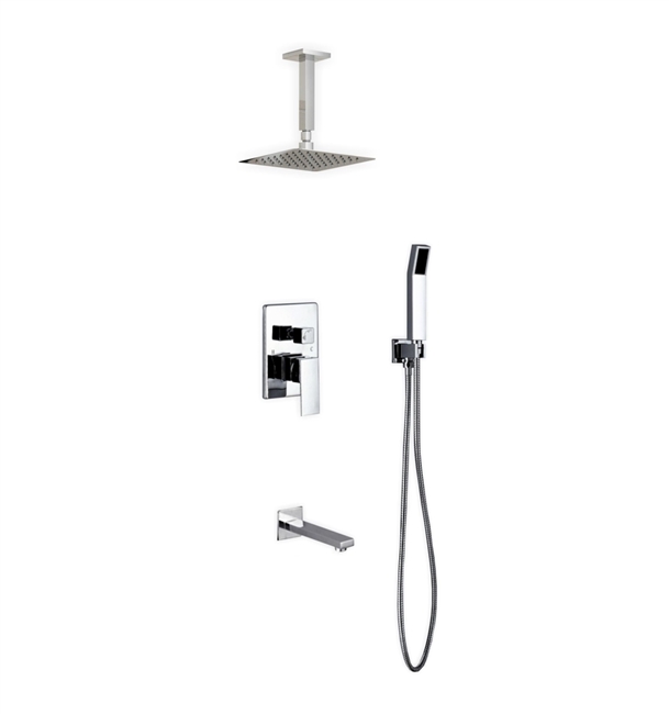 CR200HHTF3V Aqua Piazza Chrome Brass Shower Set w/ 8" Ceiling Mount Square Rain Shower, Handheld and Tub Filler -