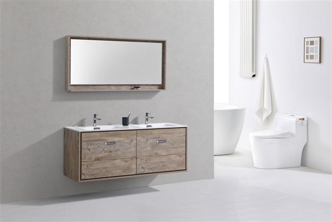 DL60D-NW DeLusso 60" Double Sink Nature Wood Wall Mount Modern Bathroom Vanity