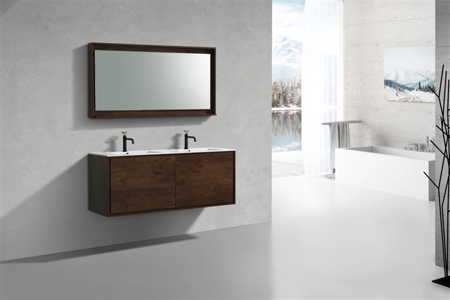 DL60D-RW DeLusso 60" Double Sink Rose Wood Wall Mount Modern Bathroom Vanity